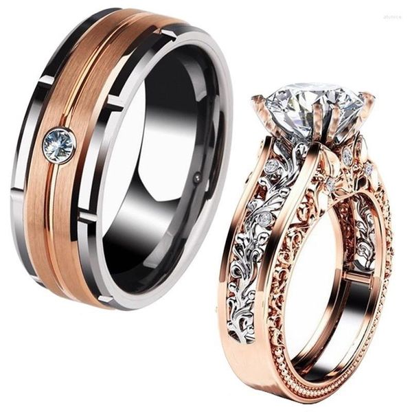 Anneaux de mariage 1pcs femmes de luxe bague en métal creux motif de sculpture couleur or rose pierres de zircon couple bijoux de fiançailles de mariée