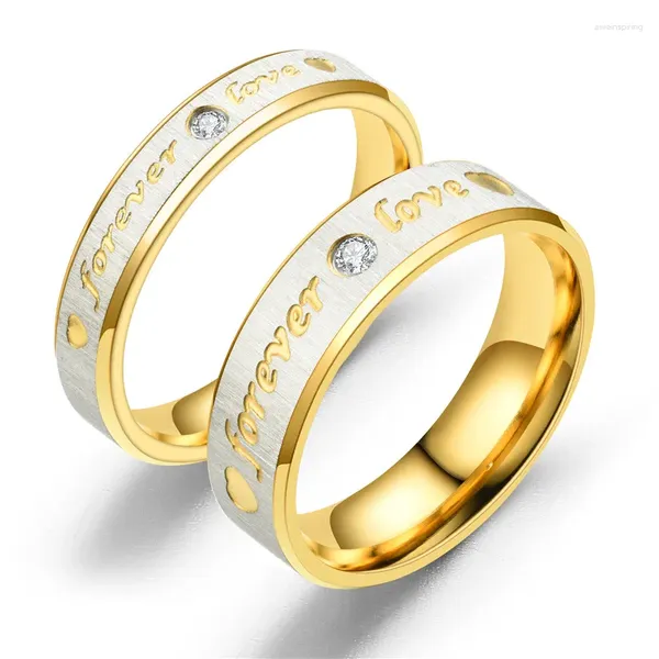 Anillos de boda 1 pieza 4 mm / 6 mm Acero inoxidable Color oro Anillo de amor para siempre para mujeres Hombres Pareja CZ Cristal Regalo Tamaño 5-12