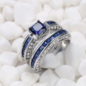 Trouwringen 2 stks/set Klassieke Kubieke Zirkoon Set Voor Vrouwen Roze Blauw Wit Kristal Strass Sieraden Verjaardag Belofte Verjaardag Ring