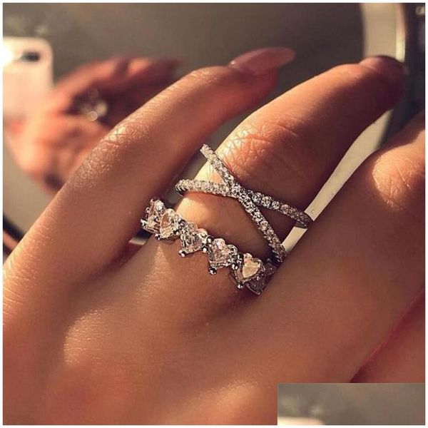 Anneaux de mariage 2021 Bijoux de mode simples Ins Top Vente Réel 925 Sterling Sier Pave Saphir Blanc Cz Diamant Eternity Sweet Cut Femmes Dhkg7