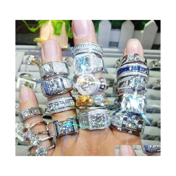 Anillos de boda 2021 espumoso masculino Fashin joyería 925 Sterling Sier Fl Pave White Sapphire Cz Diamond Gemstones gran fiesta promesa M Dh3Tx