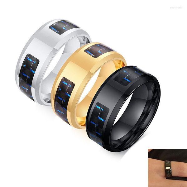 Anillos de boda 2022 Anillo de acero inoxidable dorado de 8 mm para hombre con banda de ajuste cómodo de fibra de carbono azul