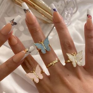 Wedding Rings 2022 Zomer Fashion Charm Witblauw roze CZ Butterfly Gold vergulde luxe Open aangepaste bandvinger voor dames sieraden