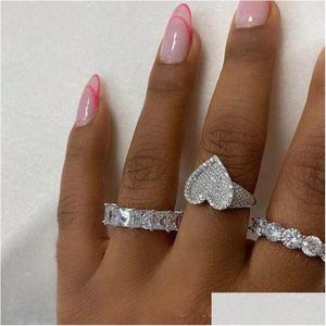 Anneaux de mariage 2022 Top Vente Bijoux de luxe 925 Sterling Sier FL Pave Saphir Blanc CZ Diamant Promesse Gemstones Party Femmes Coeur B Dhyxq