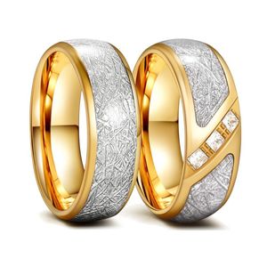 Trouwringen 2022 Trendy 8mm Goud Kleur Tungsten Koolstofvezel voor Mannen Meteorite Cubic Zirconia Ingelaid Roestvrij staal Verloving