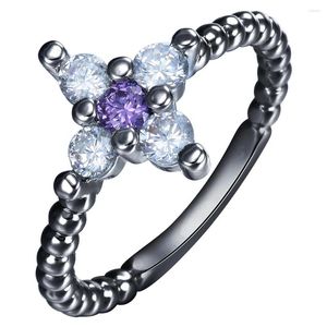 Wedding Rings 2023 Black Cross Promise Toped met Purple White CZ Zirkon Fashion Sideways Sideways Sieraden Gift Engagement Maat 7-9
