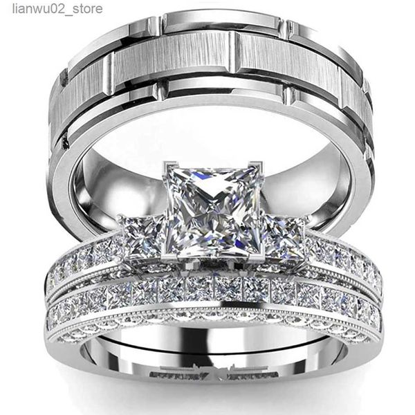 Anillos de boda 2023 Anillo de pareja para mujer Exquisito Rhinestone Zirconia Anillo Conjunto Simple Acero inoxidable Anillo para hombre Joyería de moda Regalo para los amantes Q240315