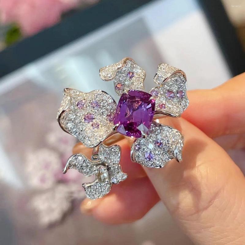 Bröllopsringar 2023 Eternity Amethyst Flower for Women Luxury Silver Color Bling Zirconia Elegant Engagement Bride Jewelry
