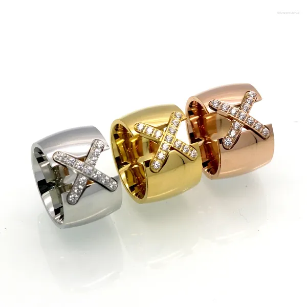 Anillos de boda 2023 marca de moda de acero inoxidable para mujer Color dorado CNC CZ Crystal Pave X Cross Ring regalo de joyería de lujo