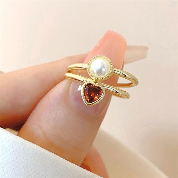 Anneaux de mariage 2023 Design de mode Simple Red Love Zircon Open Ring Pearl French Luxury Luxury Women's Polyday Set Bijoux Gift