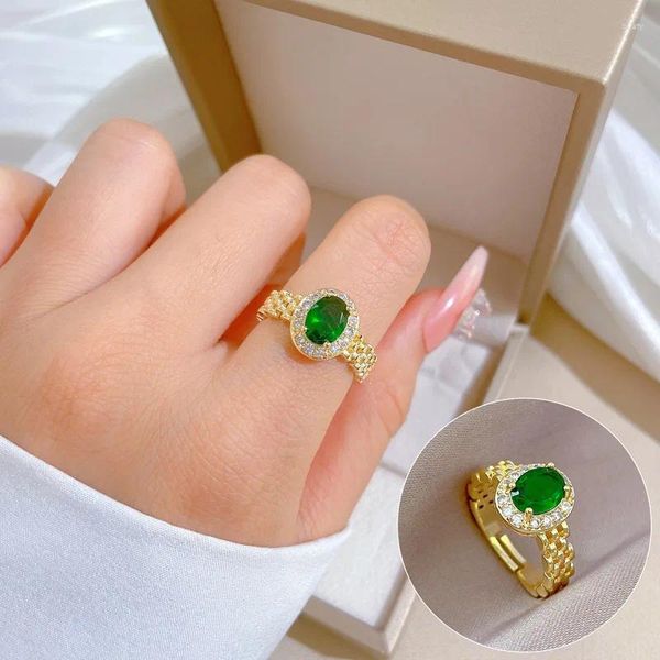 Anneaux de mariage 2023 en acier inoxydable pierre verte chaîne de zircon pour femmes bijoux réglables doigt plaqué or cadeau d'anniversaire sans décoloration