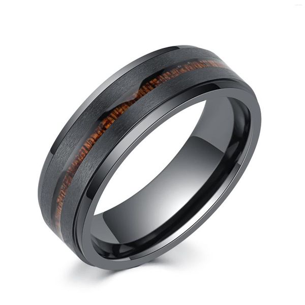 Anneaux de mariage 2023 à la mode 8mm noir tungstène pour hommes KOA incrustation de bois finition brossée mate bandes en acier inoxydable