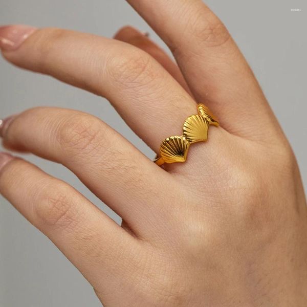 Anillos de boda 2024 Delicado acero inoxidable 18k Oro Concha en forma de anillo de apertura Color Textura Tendencia Joyería para mujeres