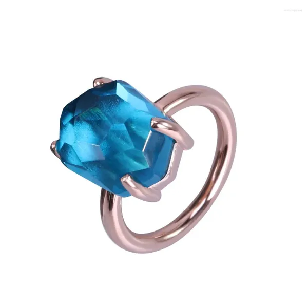 Anillos de boda 2024 Moda y divertido de la interfaz geométrica irregular Océano Azul Cristal Rosa Anillo de color de oro Regalos de vacaciones románticos