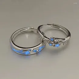 Anillos de boda 2pcs moda azul pareja luminosa pareja brillo en circón fluorescente oscuro mujeres hombres de joyería de joyería de dedos ajustables