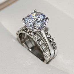 Eheringe 2PCS Silber Farbe Ring Set mit großen Bling Zirkon Stein Engagement für Frauen Modeschmuck 2023