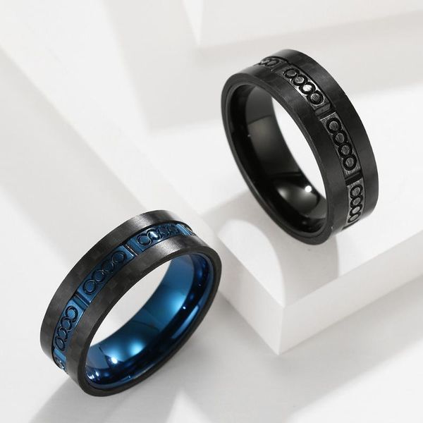 Anillos de boda 316L Acero inoxidable Hombres 8 mm Azul Negro Dos tonos Fibra de carbono Incrustaciones Puntos Textura Patrón Banda Anillo de compromiso para hombres