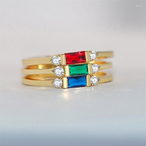 Anillos de boda 3pcs azul rojo piedra verde rectángulo set de anillo de rectángulo dorado apilamiento minimalista delgada para mujeres bancos de novia