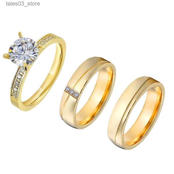 Anillos de boda 3 unids Conjuntos de anillos de compromiso de boda Hecho a mano 24k Chapado en oro Jewery cz Diamond Declaración Matrimonio Parejas Anillo Q231120