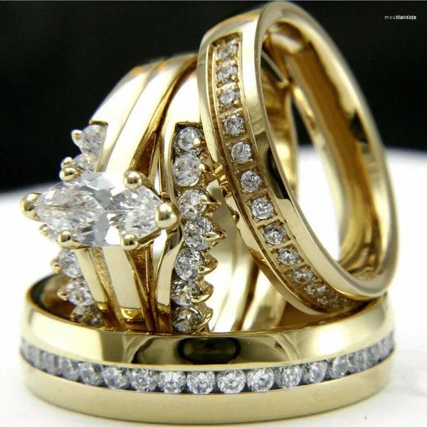 Anillos de boda 4 unids de lujo ojo de caballo conjuntos nupciales blanco circón pareja para mujeres hombres color oro anillo de compromiso conjunto joyería de cumpleaños regalos