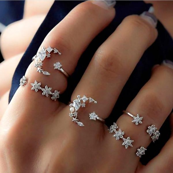 Anillos de boda, 5 uds., conjunto de anillos de flor de luna Midi bonitos, conjunto de anillos de moda para nudillos de articulación pequeña, joyería Vintage de dedo completo, regalos de boda de 2022 años