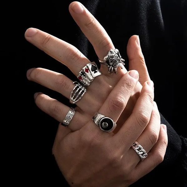 Anneaux de mariage 6 pièces de punk poker clown bague en argent ensemble pour hommes gothique squelette billard ensemble couple émoticônes bijoux à la mode Anillos Hombre 240103