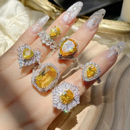 Anillos de boda 6 Estilo Mujeres elegantes 925 Anillo de plata esterlina Cristal amarillo Laboratorio Diamante Geométrico Dedo Exquisito Joyería de novia 231117
