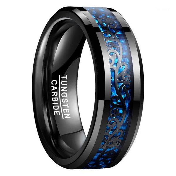 Anillos de boda Bandas de 8 mm Anillo de compromiso Chapado Carburo de tungsteno negro Patrón de vid con incrustaciones Fibra de carbono azul Joyería para hombres1