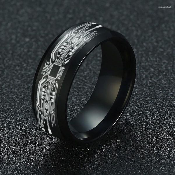 Anneaux De Mariage 8mm Bande Noire Finition Brossée Motif De Circuit Imprimé Anneau En Acier Inoxydable Gravé Au Laser Pour Hommes