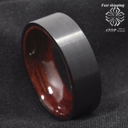 Anillos de boda 8mm negro cepillado tungsteno rojo sandalia madera incrustaciones banda anillo hombres joyería Rita22