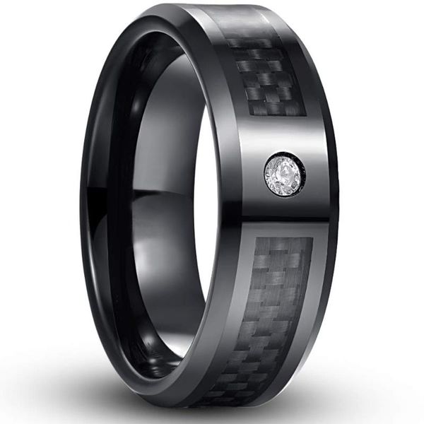 Anillos de boda 8 mm Fibra de carbono negra para hombres y mujeres Zircon Tungsteno Acero inoxidable Aniversario Joyería Regalos Boda