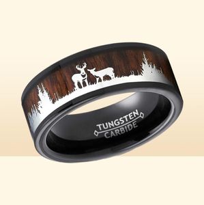 Anneaux de mariage 8 mm Black Tungsten Carbide Men Anneau Koa Wood Inclay Deer Stag Hunting Silhouette Fashion Band bijoux FO Man2459464