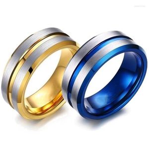 Anneaux de mariage 8mm brossé échelle bord en acier inoxydable anneau exquis couleur or bleu rainure bijoux de fiançailles cadeau pour hommes