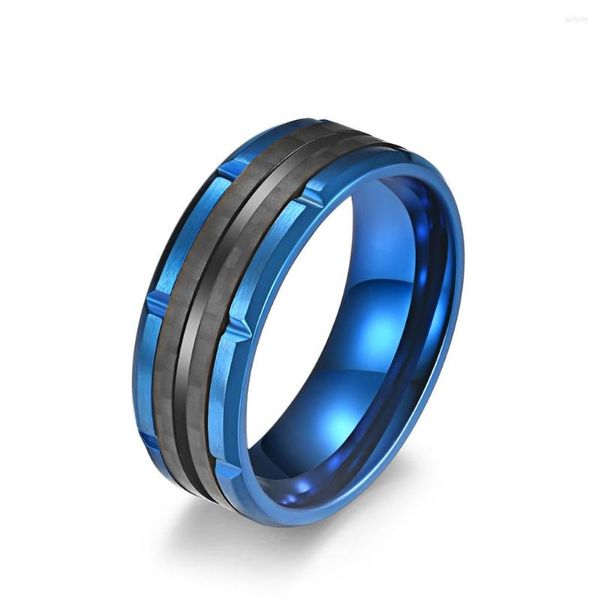 Anillos de boda de fibra de carbono de 8mm para hombre, joyería de acero inoxidable, banda de compromiso chapada en Color azul, aniversario para hombre y mujer