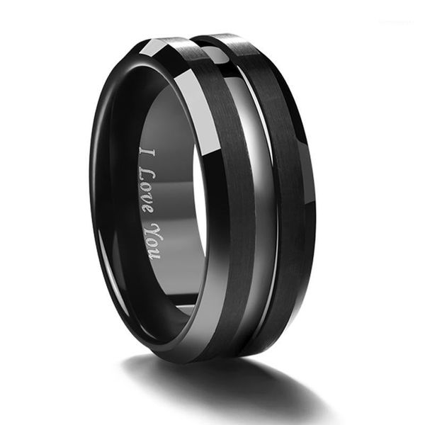 Anillos de boda 8 mm Superficie esmerilada Ranura media Plateado Carburo de tungsteno negro para hombres Joyería Tamaño 7-121