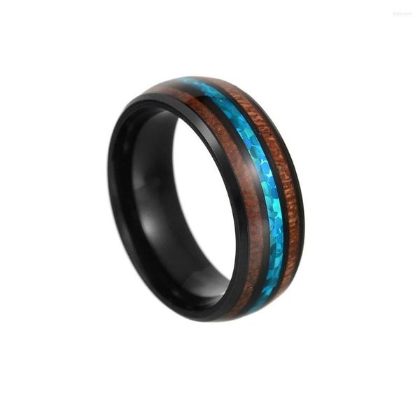 Anillos de boda de 8mm de madera de Koa hawaiana y concha de abulón de acero inoxidable para hombres, anillo de ópalo de fuego azul, joyería de gota