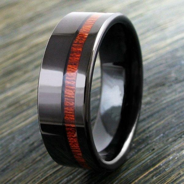 Anneaux de mariage 8mm hommes mode bague en acier inoxydable brun koa bois incrustation haute couleur argent poli bande pour bijoux en gros