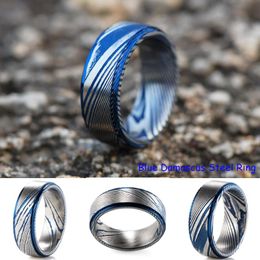 Anneaux de mariage 8mm hommes bande de damas IP bleu plaqué étape bord classique en acier véritable anniversaire fiançailles pour hommes femmes