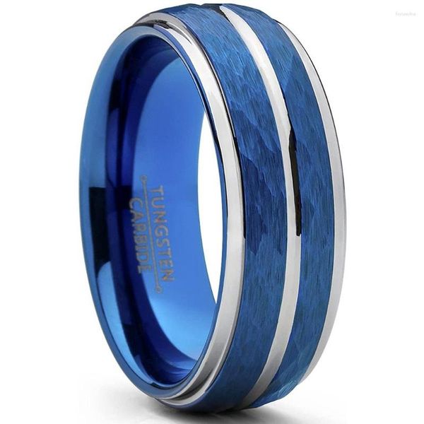 Anillos de boda de 8MM para hombre, anillo de acero inoxidable con ranura a la moda, banda de compromiso con incrustaciones de meteorito azul, regalo de joyería para él, tamaño 6-13