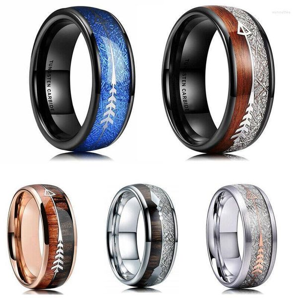 Anillos de boda de 8mm para hombre, anillo de acero inoxidable azul dorado rosa a la moda, Koa hawaiano, incrustaciones de flecha de madera, joyería de banda para hombre Wynn22