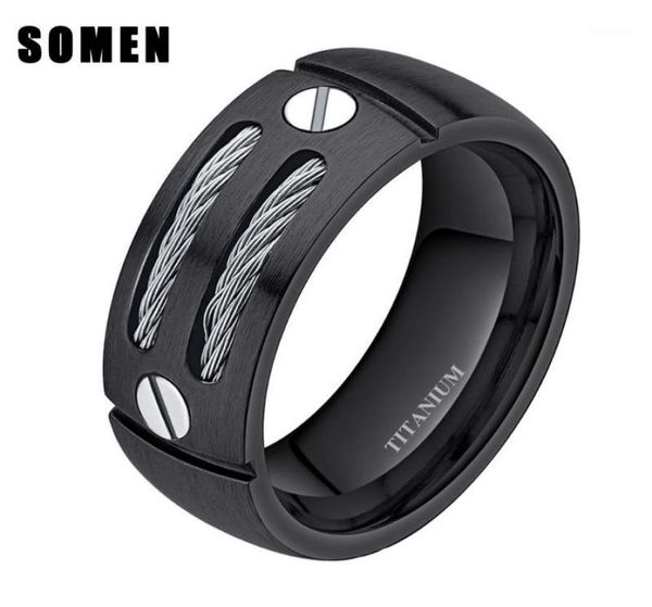 Anneaux de mariage 8mm Men039s Noir Câble Vis Incrustation Titane Bague Cool Band Punk Rock Mâle Bijoux Bague Homme Anel Masculino14244179