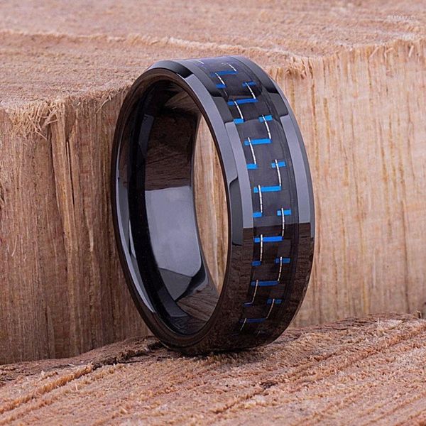 Anillos de boda de 8MM para hombre, anillo de carburo de tungsteno negro a la moda, banda de compromiso con incrustaciones de fibra de carbono azul, regalo de joyería para hombres