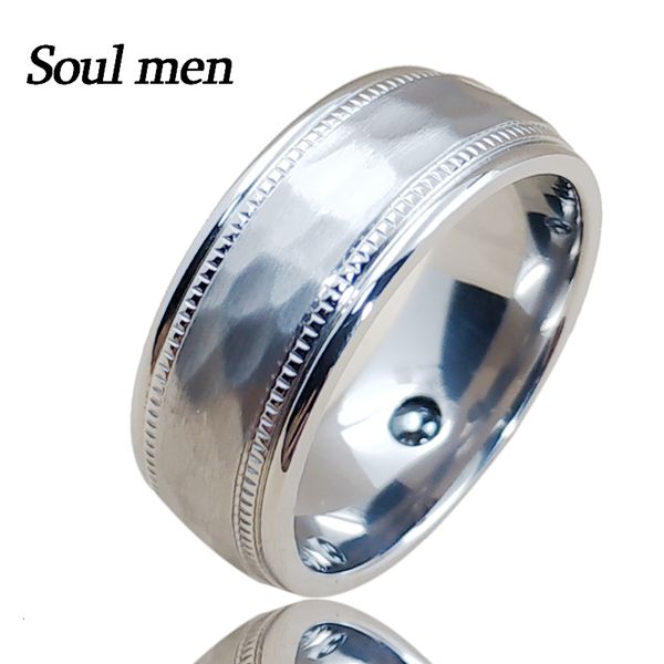 Anneaux de mariage 8 mm anneaux purs pour hommes femmes avec incrustation de pierre de germanium sain marteau mat fini design de mode pleine taille 230831