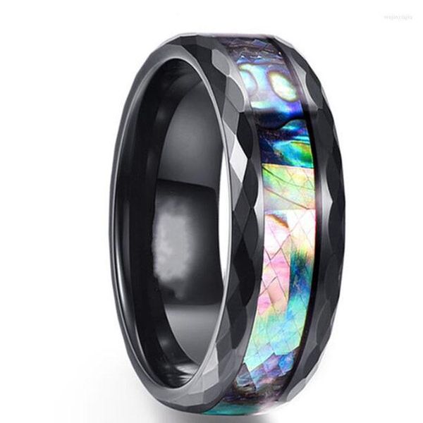 Anneaux de mariage 8mm Rhombus Cut Side Titane Acier Anneau Placage Noir Hommes Incrusté Abalone Shell Bijoux De Mode Cadeau YLQ10082