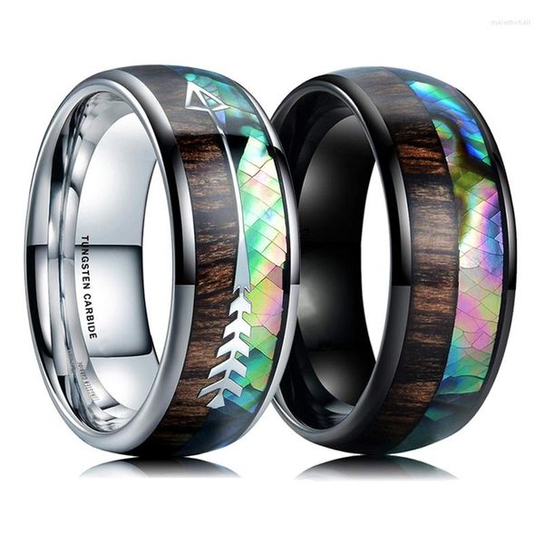 Anillos de boda de 8mm, Color plateado, negro, acero inoxidable para hombres y mujeres, madera de Koa, concha de abulón, asta de ciervo, anillo con incrustaciones de flecha