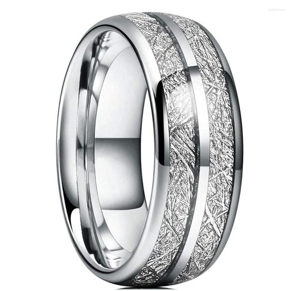 Anillos de boda 8 mm color plata moda tungsteno para hombres doble ranura meteorito incrustación bandas de acero de fibra de carbono