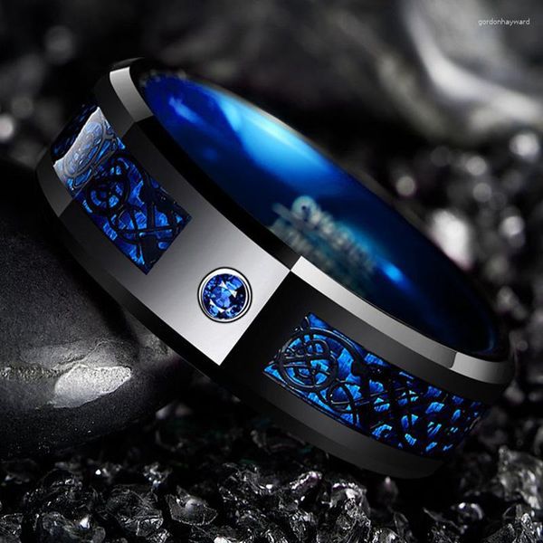 Anillos de boda 8mm anillo de carburo de tungsteno fibra de carbono azul circón hombres mujeres Anillos Para Hombres dragón negro encanto joyería al por mayor