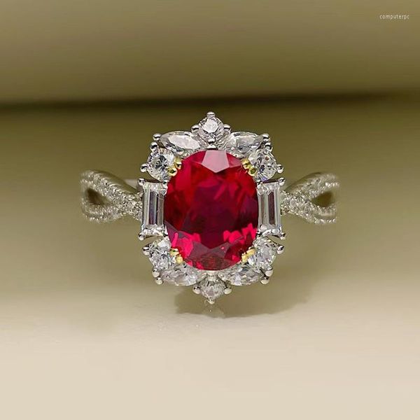 Anillos de boda de plata 925, joyería Vintage, anillo abierto ovalado de circonita cúbica roja para mujer, compromiso nupcial, piedra de pavé completa de lujo