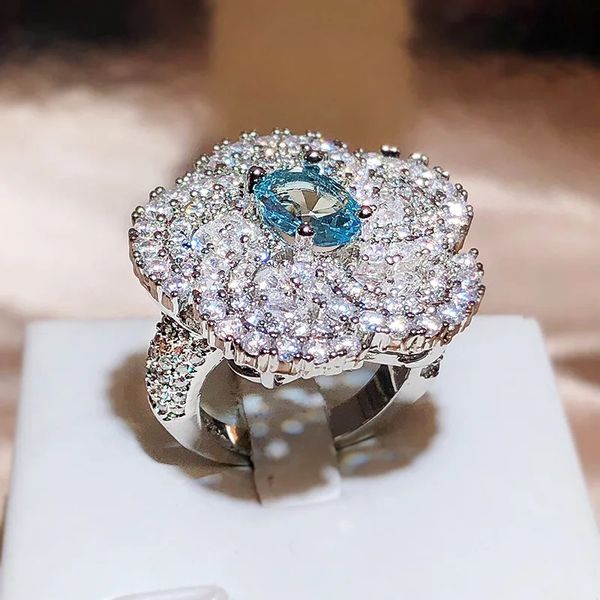 Anneaux de mariage 925 timbre exagéré grande fleur bague avec zircone blanche diamant scintillant bijoux pour femmes fête anniversaire cadeau 231117