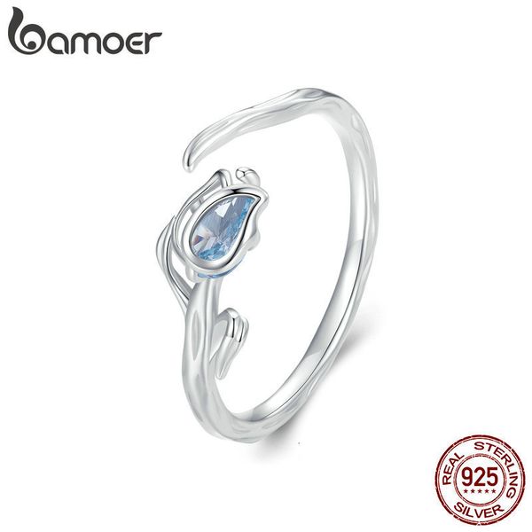 Anneaux de mariage 925 Sterling Silver Blue Tulip Opening Ring Flower Vine Réglable pour les femmes Romantique Fine Jewelry BSR465 230729